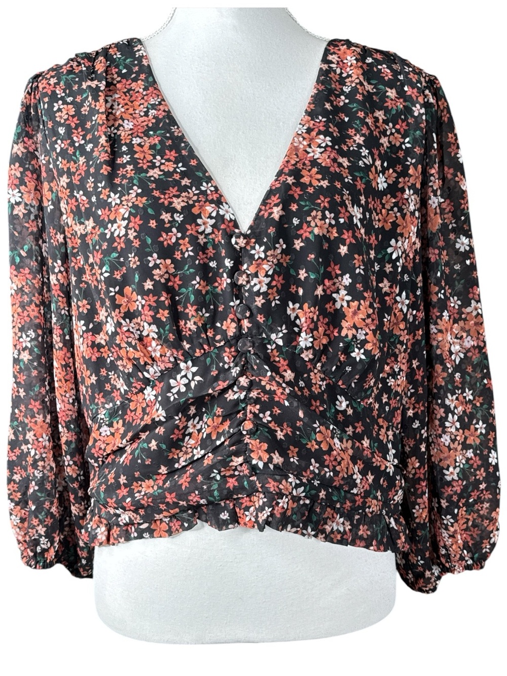 SKIES ARE BLUE Floral V-Neck Button Front Blouse